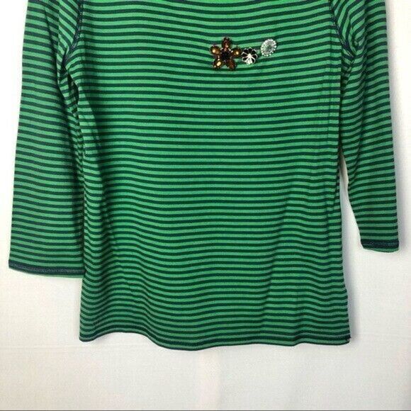 Isaac Mizrahi Live Green & Blue Striped Brooch Embellished Long Sleeve T-Shirt - Picture 4 of 6
